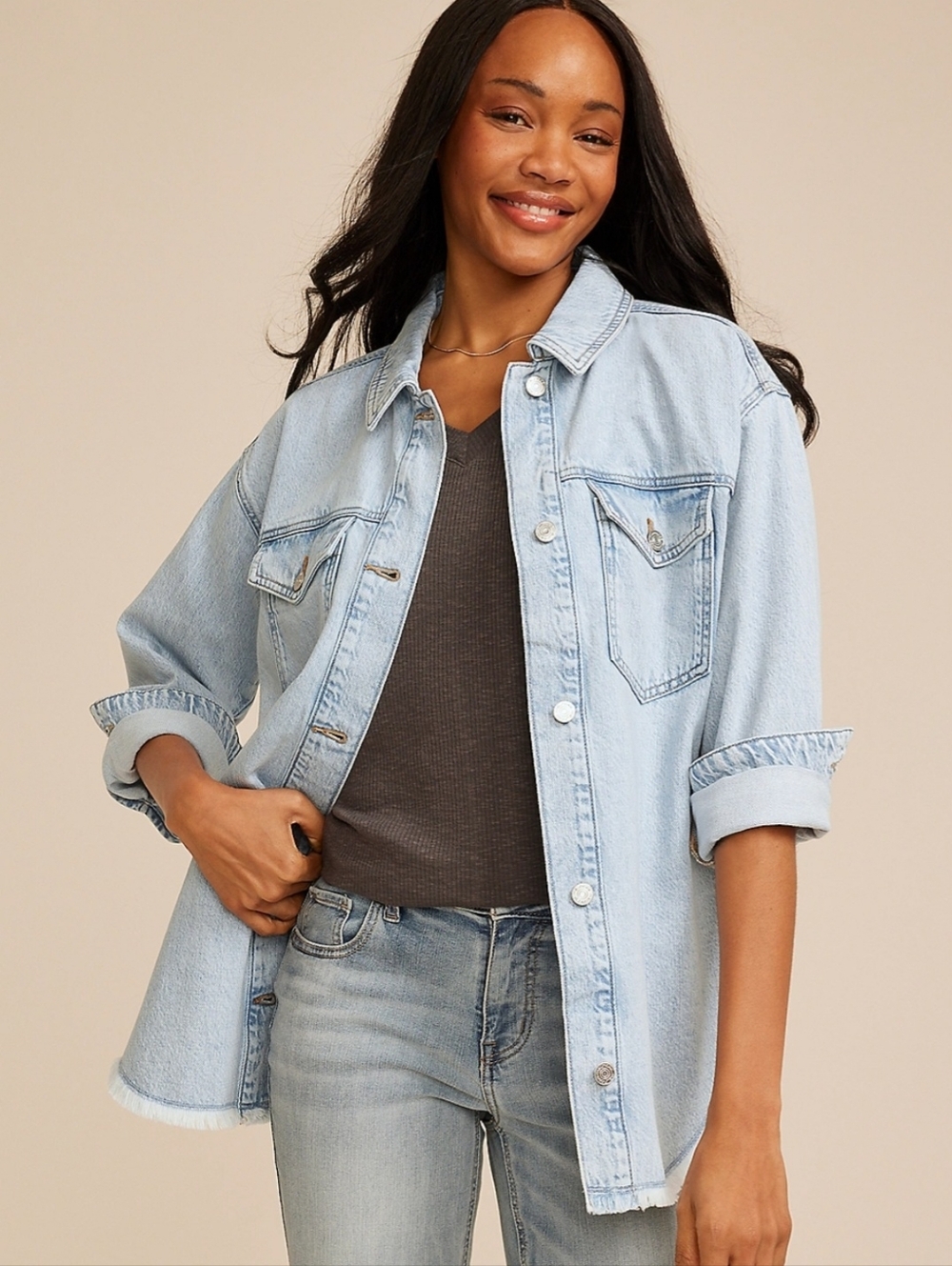 Maurices Light Wash Frey Hem Shacket